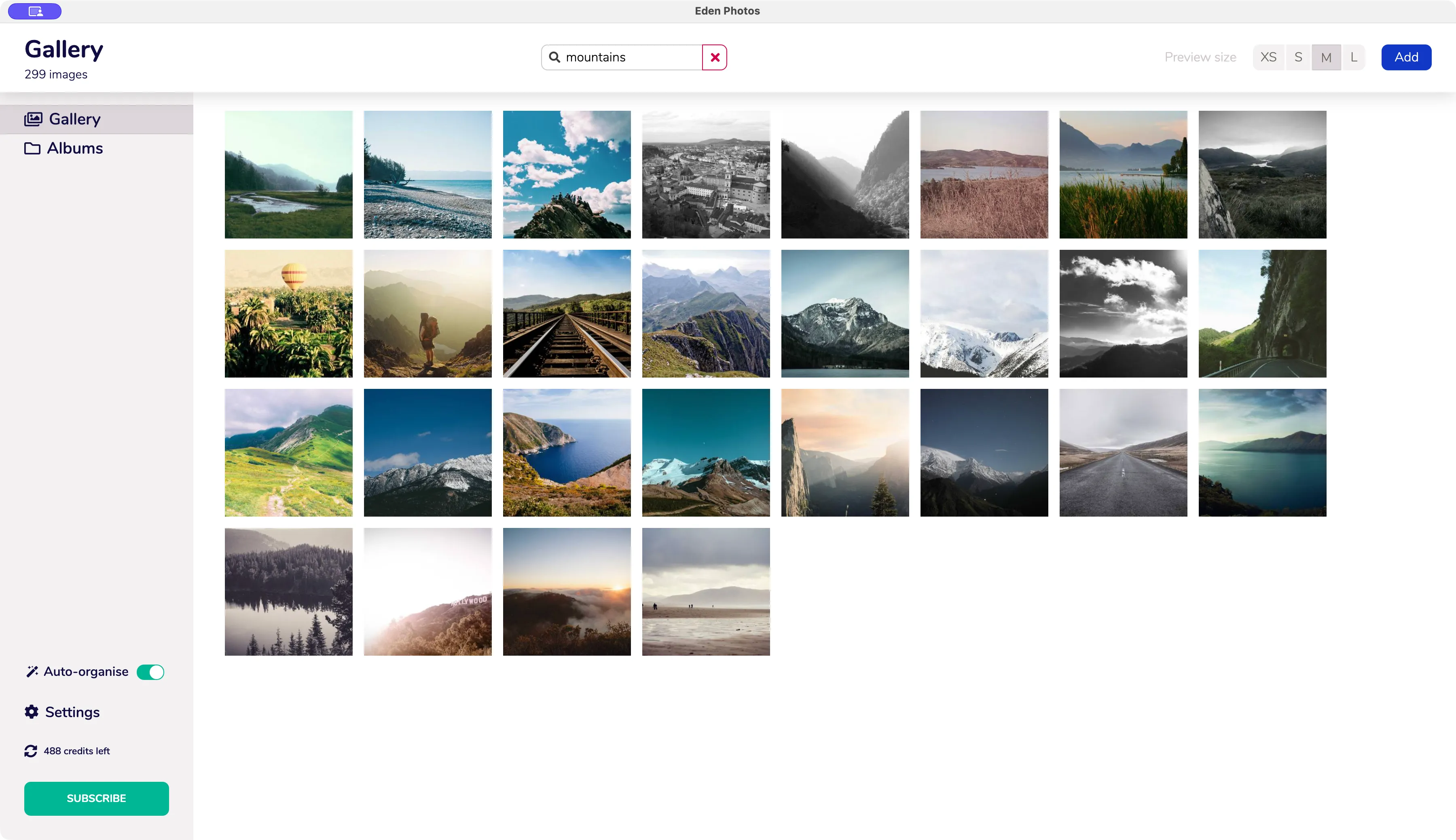 A search for mountains in Eden Photos showing matching demo photographs.