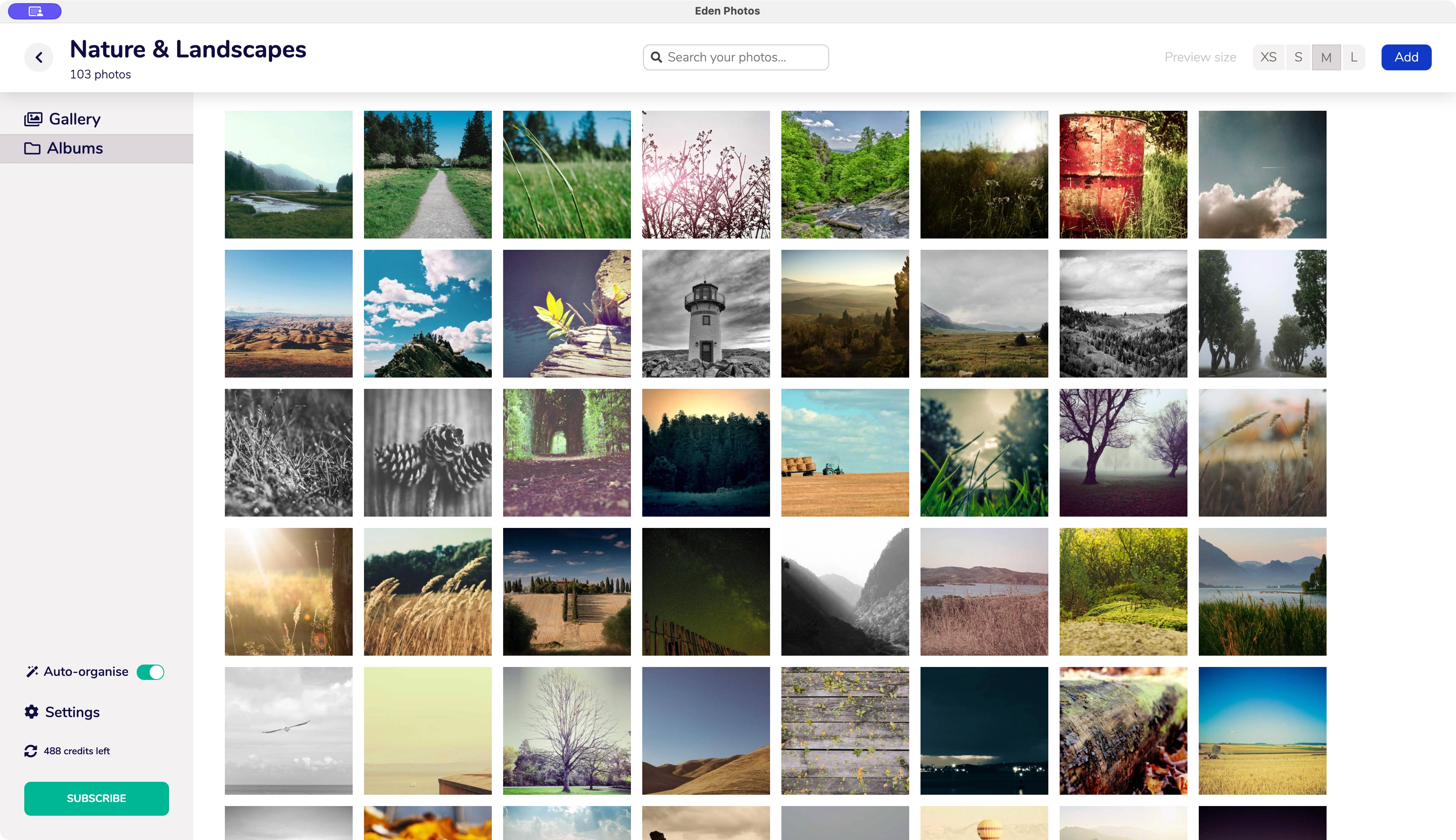 Eden Photos displaying 103 demo photos in its Nature & Landscapes category.