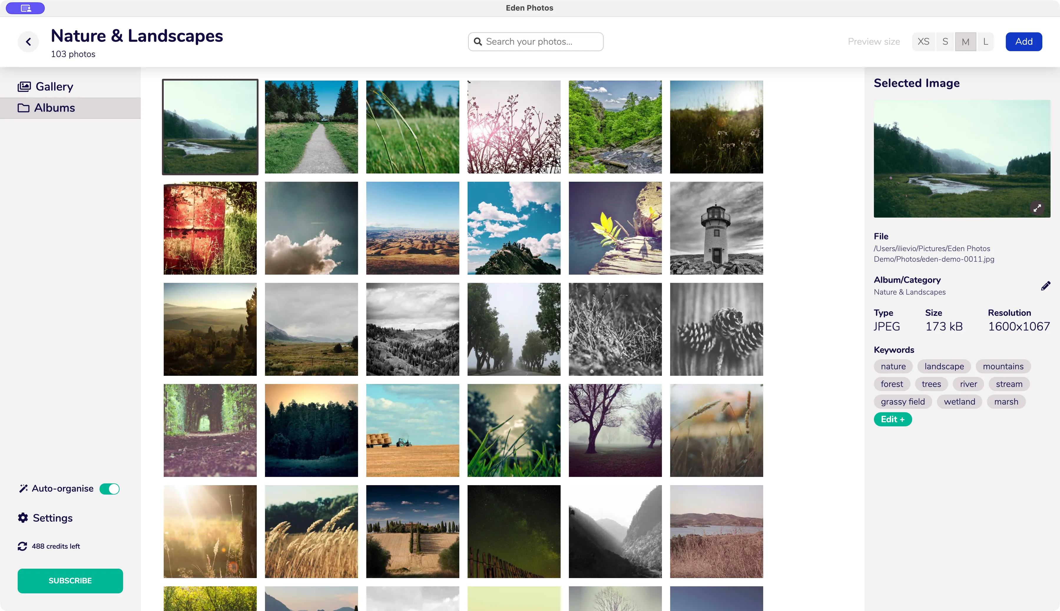 The selected river photo in Eden Photos, with its generated keywords visible in the right-hand panel.
